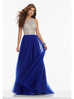 A Line High Neck Keyhole Open Back Long Royal Blue Tulle Beaded Prom Dress
