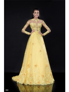A Line High Neck Long Sleeve Yellow Tulle Lace See Through Prom Dress