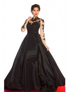 A Line High Neck Open Back Black Taffeta See Through Long Lace Sleeve Prom Dress