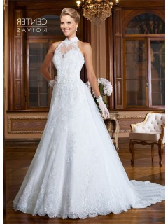 A Line High Neck Sheer Back Tulle Lace Beaded Wedding Dress With Collar
