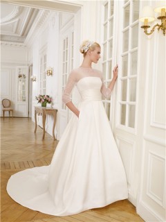 A Line Illusion Neckline Satin Tulle Beaded Pearl Wedding Dress With Sleeves Pockets