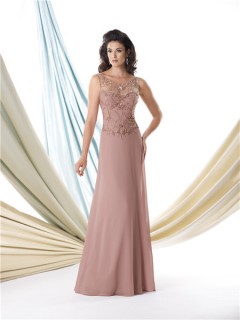 A Line Illusion Scoop Neckline Chiffon Beaded Mother Of The Bride Formal Evening Dress