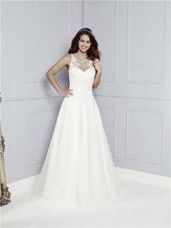 A Line Illusion Scoop Neckline See Through Back Tulle Lace Wedding Dress Buttons Bow Sash