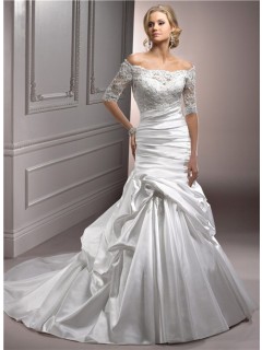 A Line Off The Shoulder Satin Ruched Wedding Dress With Short Sleeve Lace Jacket