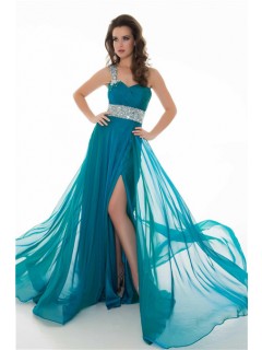 A Line One Shoulder Long Peacock Blue Chiffon Beading Party Prom Dress