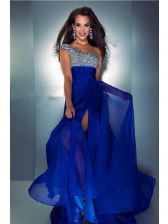 A Line One Shoulder Long Royal Blue Chiffon Beaded Prom Dress With Slit