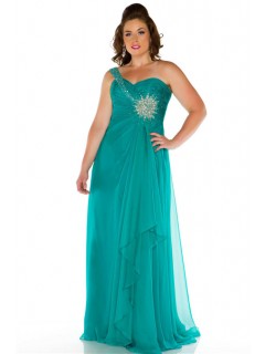 A Line One Shoulder Long Turquoise Chiffon Beaded Plus Size Evening Prom Dress