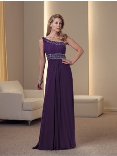 A Line One Shoulder Purple Chiffon Beaded Mother Of The Bride Occasion Evening Dress