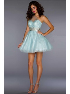 A Line One Shoulder Short/ Mini Ice Blue Sequin Tulle Homecoming Cocktail Prom Dress