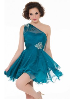 A Line One Shoulder Short Teal Blue Chiffon Cocktail Party Prom Dress