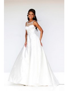 A Line Princess Illusion Neckline Low Back Long White Taffeta Evening Prom Dress