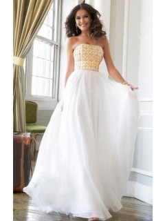 A Line Princess Strapless Long White Chiffon Gold Beaded Evening Prom Dress