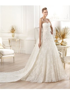 A Line Princess Strapless Sweetheart Lace Wedding Dress With Detachable Train