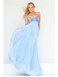 A Line Princess Sweetheart Empire Waist Long Baby Blue Chiffon Beaded Prom Dress