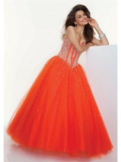 A-Line/Princess Sweetheart Floor-Length Orange Tulle Prom Dress With Beading
