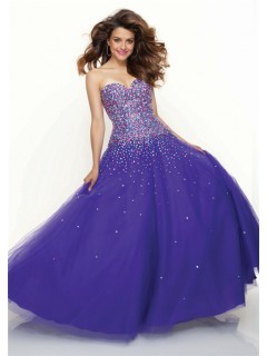 A-Line/Princess Sweetheart Floor Length royal blue beaded tulle prom dress with corset