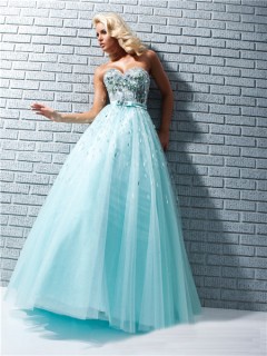 A Line Princess Sweetheart Long Aqua Blue Tulle Prom Dress With Sequins Rhinestones