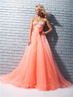 A Line Princess Sweetheart Long Coral Tulle Beaded Prom Dress With Sash Flowers
