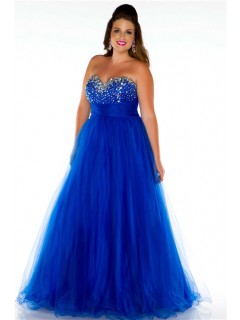 A Line Princess Sweetheart Long Royal Blue Tulle Beaded Plus Size Evening Prom Dress