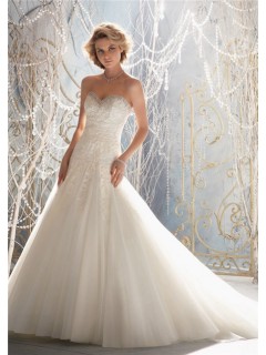 A Line Princess Sweetheart Pleated Tulle Lace Beaded Wedding Dress Corset Back