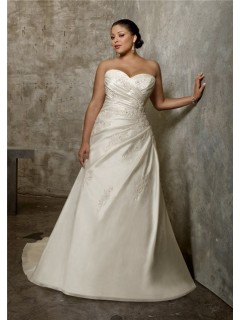 A Line Princess Sweetheart Ruched Taffeta Lace Plus Size Wedding Dress Corset Back