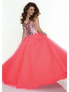 A-Line/Princess sweetheart long coral crystal prom dress