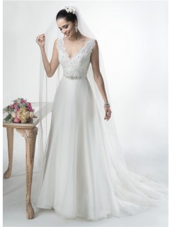 A Line Scalloped V Neck Open Back Lace Organza Wedding Dress With Crystals Sash