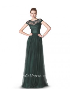 A Line Scoop Neck Cap Sleeve Dark Green Tulle Ruched Long Evening Dress