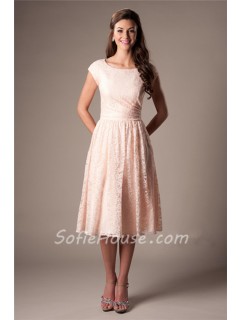 A Line Scoop Neck Cap Sleeved Blush Pink Lace Short Party Bridesmaid Dress