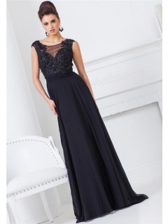 A Line Scoop Neck Illusion Back Black Chiffon Lace Applique Long Evening Prom Dress