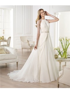 A Line Scoop Neck Open Front Sheer Back Chiffon Wedding Dress With Long Sleeve