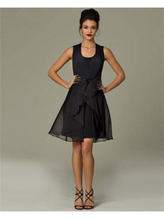 A Line Scoop Neck Short Black Chiffon Ruffle Party Evening Dress With Bow
