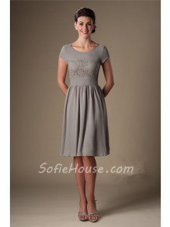 A Line Scoop Neck Short Sleeves Grey Chiffon Lace Bridesmaid Dress