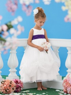 A Line Scoop Neck Tea Length White Organza Purple Sash Wedding Flower Girl Dress