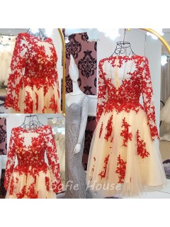 A Line Short Champagne Tulle Red Lace See Through Prom Dress With Sleeves