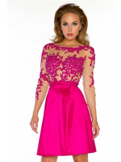 A Line Short Hot Pink Taffeta Lace Sheer Illusion Homecoming Prom Dress With Sleeve