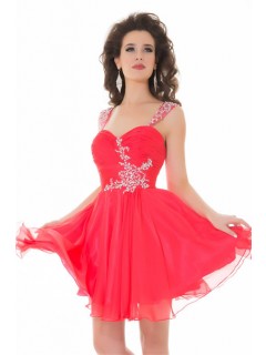A Line Short/ Mini Red Chiffon Beaded Cocktail Prom Dress With Strap