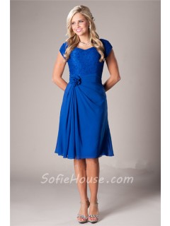 A Line Short Sleeves Royal Blue Chiffon Lace Party Bridesmaid Dress With Flower