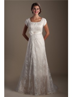 A Line Square Neck Cap Sleeve Lace Modest Wedding Dress With Flower Sash