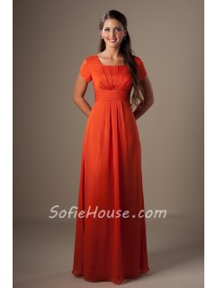 A Line Square Neck Orange Chiffon Long Modest Bridesmaid Dress With Sleeves