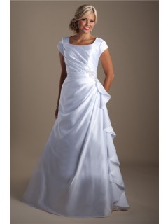 A Line Square Neck Ruched Satin Ruffle Modest Wedding Dress With Sleeves