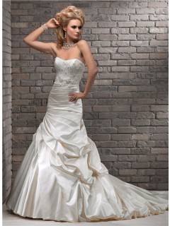 A Line Strapless Cream Beaded Lace Ruched Satin Wedding Dress With Sash