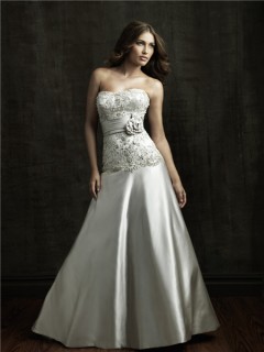 A Line Strapless Dropped Waist Satin Embroidered Beaded Wedding Dress With Flower Sash