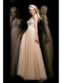 A Line Strapless Empire Waist Long Champagne Chiffon Beaded Occasion Prom Dress
