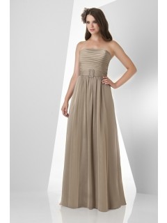 A Line Strapless Long Brown Chiffon Ruched Formal Occasion Bridesmaid Dress With Belt
