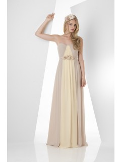 A Line Strapless Long Champagne Daffodil Chiffon Two Tone Bridesmaid Dress With Belt Flowers
