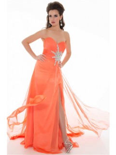 A Line Strapless Long Coral Chiffon Beaded Homecoming Prom Dress With Slit