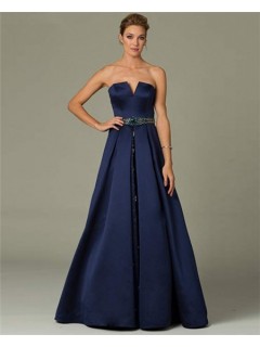 A Line Strapless Long Navy Blue Satin Beaded Belt Formal Evening Dress