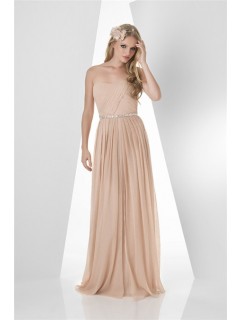 A Line Strapless Long Nude Chiffon Pleated Occasion Bridesmaid Dress Beaded Belt