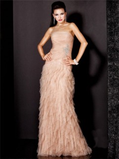 A Line Strapless Long Nude Pink Ruched Tulle Evening Wear Dress